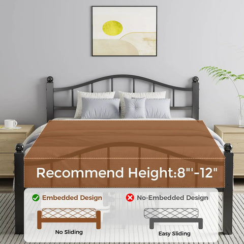 Rock Solid Full Size Metal Bed Frame With Headboard Heavy Duty Steel showing embedded design and recommended height for mattress.