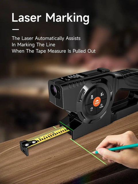 3-In-1 Digital Tape Measure With Laser Up To 196 Feet, Auto Lock Tape, Instant Digital Readout, Green Laser Extension, Handy Measuring List With Memory For Quick And Accurate Home Or Workshop Measurements; black device on wood