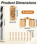 Product layout showcasing Eight Pack 8mm Hidden Brass Barrel Hinges With Drill Bit For Jewelry Boxes, Wooden Cabinets, And DIY Crafts, 180 Degree Concealed Hinges In Gold Finish, Includes Screws.