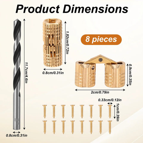 Product layout showcasing Eight Pack 8mm Hidden Brass Barrel Hinges With Drill Bit For Jewelry Boxes, Wooden Cabinets, And DIY Crafts, 180 Degree Concealed Hinges In Gold Finish, Includes Screws.