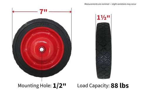 7 Inch Semi Pneumatic Rubber Tire With Diamond Tread And Steel Hub Featuring Grafoil Bearings Workhorse Half Inch Bore Offset Axle