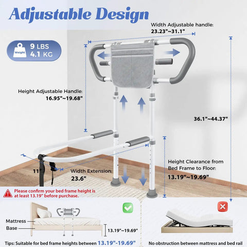 Adjustable Bed Rails For Elderly Safety Up To 400 Lb With Pocket Portable Assist Handle dimensions and design features.