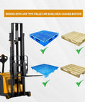 Tory Full Electric Pallet Stackers 1200 Lb Capacity With Tilt Forks next to various pallet types, showcasing versatility for warehouse use.