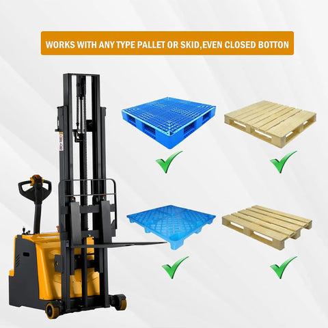 Tory Full Electric Pallet Stackers 1200 Lb Capacity With Tilt Forks next to various pallet types, showcasing versatility for warehouse use.