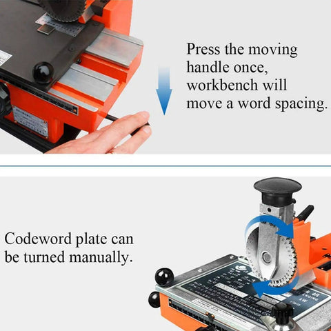 Heavy Duty Semi-Automatic Industrial Stamping Printer Machine with movable workbench and manual codeword plate adjustment.