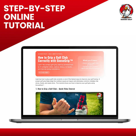 Laptop displaying a step-by-step tutorial on using Grip Trainer For Golf Pro Designed Training Aid For Correct Hand Position And Consistent Practice