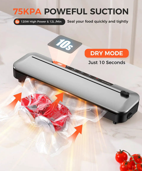 Vacuum Sealer Machine 75KPa With 6-In-1 Dry And Moist Modes Digital Timer Built-In Cutter And External Vac For Jars compact design