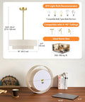 Dimensions and features of the 18 Inch Modern Drum Chandelier 4 Light Two Tier Linen Pendant With Brushed Gold Canopy.