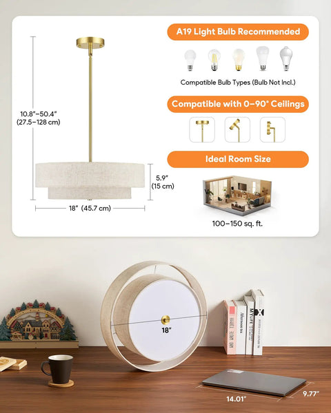 Dimensions and features of the 18 Inch Modern Drum Chandelier 4 Light Two Tier Linen Pendant With Brushed Gold Canopy.