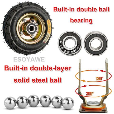 Set Of Four Heavy Duty Industrial Pneumatic Caster Wheels With Brakes Double Ball Bearing Swivel Casters Featuring Thick Shock Absorbing Rubber Tires - close-up of tire and ball bearings.
