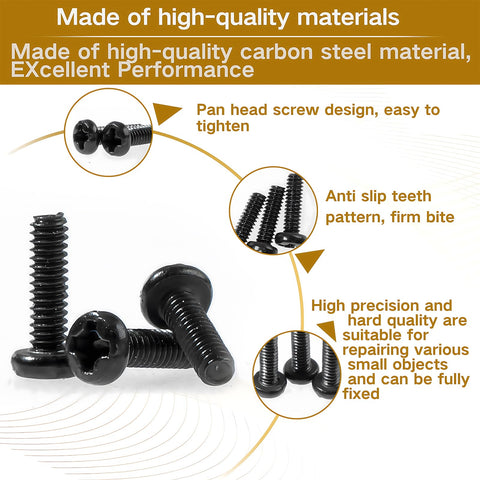 Close-up of 1500 Pcs Tiny Micro Repair Screws Set Black Carbon Steel Phillips Pan Head M1 to M1.7 with detailed features