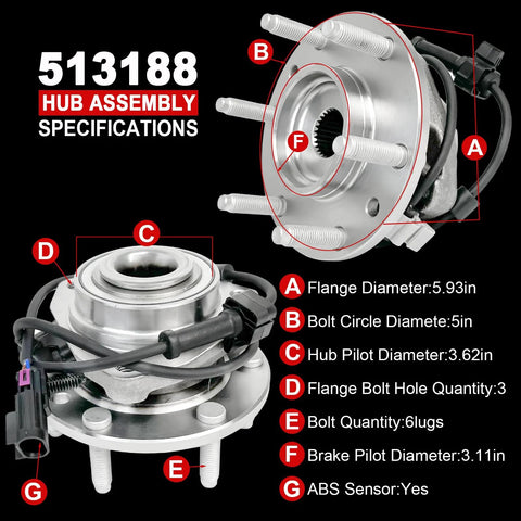 Pair of front wheel bearing hub assemblies with ABS for GM SUVs (6-lug).