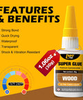 Wood glue bottle with yellow cap, 30 g, clear cyanoacrylate adhesive for wood.