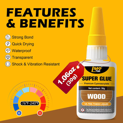 Wood glue bottle with yellow cap, 30 g, clear cyanoacrylate adhesive for wood.
