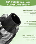 Cross-section of 1/2-inch PVC strong hose construction with layers labeled, part of Workhorse Retractable Garden Hose Reel With 60 Ft 1/2 Inch Hose And 10 Pattern Sprayer, Leakproof, Rugged And Durable, Tangle Free Compact Portable Design For Garden Watering, Car Washing, And Pet Cleanup.