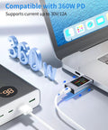 All In One USB C Power Meter Tester 4-30V 0-12A Digital Multimeter with PD support connected to laptop and power bank