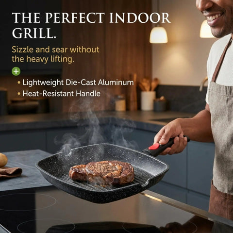 Person cooking steak on Square Indoor Grill Pan With Removable Handle For Even Heating Meat And Veggies, 11 Inch Nonstick Griddle Skillet