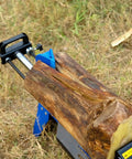 Close-up of 6.5 Ton Electric Log Splitter With Hydraulic Ram, Beast Mode 15 Amp Motor splitting wooden log horizontally