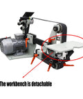 Workhorse Variable Speed Belt Sander And Knife Grinder With Wheel And Flat Platen Tool Rest For Sick Polish Results 72X2 Inch Belt 1500W Motor 220V showing detachable workbench.