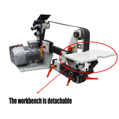 Workhorse Variable Speed Belt Sander And Knife Grinder With Wheel And Flat Platen Tool Rest For Sick Polish Results 72X2 Inch Belt 1500W Motor 220V showing detachable workbench.