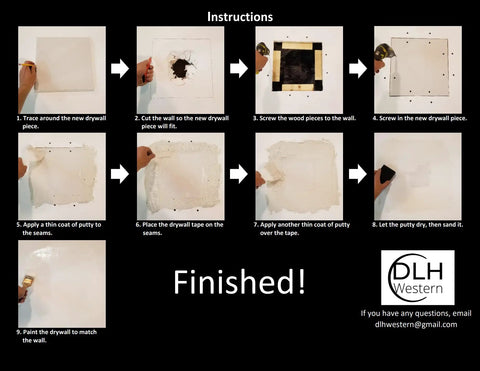 Instructional steps for using All In One Drywall Repair Kit With 12 Inch Panel And Complete Fast Fix Set For Patching Holes, Dents, And Cracks