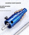 Closeup of blue 3 In 1 Electric Drill Pipe Extractor Kit on wet surface, made of vanadium steel for removing broken pipes.