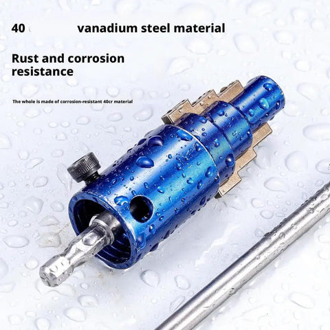 Closeup of blue 3 In 1 Electric Drill Pipe Extractor Kit on wet surface, made of vanadium steel for removing broken pipes.