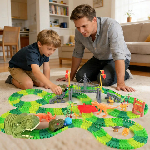 Father and son playing with Dinosaur Race Car Track Play Set For Kids Ages 3 To 7 Flexible Dino Track Toys That Bend And Build a Wild Dino World Road Race An Awesome Christmas Or Birthday Gift For Boys And Girls on a carpet