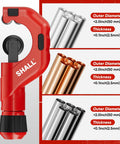 Shall 4-piece tubing cutter set with red heavy-duty pipe cutter and assorted copper, aluminum, stainless steel, and PVC tubes.