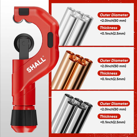Shall 4-piece tubing cutter set with red heavy-duty pipe cutter and assorted copper, aluminum, stainless steel, and PVC tubes.