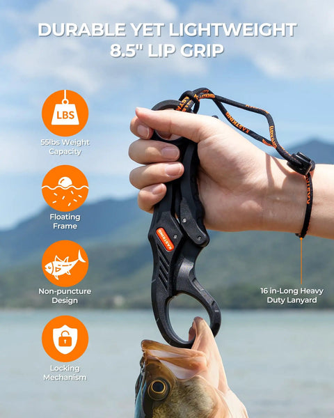 Person holding 8.5 inch lip gripper with fish, part of All In One Fishing Tool Set With Corrosion Resistant Pliers Fillet Knife Scissors Lip Gripper And Multi Functional Jaw For Freshwater Bass Angling A Great Gift For Men.
