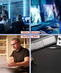 Collage of office meeting, gaming setup, home office, and desk with laptop and stationery.