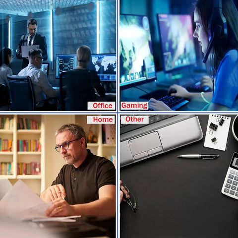 Collage of office meeting, gaming setup, home office, and desk with laptop and stationery.
