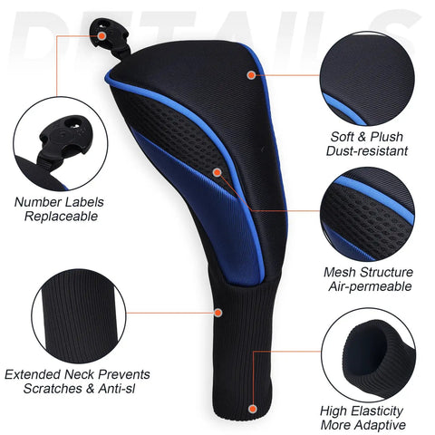 3 Piece Golf Head Cover Set For Driver And Fairway Woods With Long Neck Mesh Breathable Design And Interchangeable Number Tags