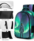 Dope Aurora Astronaut Print Unisex Backpack with large capacity and durable zippers, showing handle and side pockets
