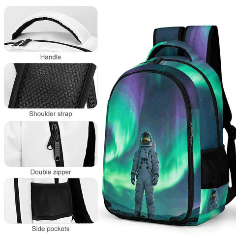 Dope Aurora Astronaut Print Unisex Backpack with large capacity and durable zippers, showing handle and side pockets