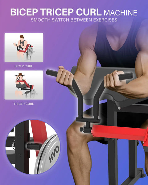 2 In 1 Bicep And Tricep Curl Machine With Adjustable Preacher Arm And Plate Loaded Design For Home Gym Red in use