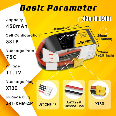 11.1V 3S 450mAh 75C LiPo Battery Pack With XT30 Plug For FPV Multirotor Drones 90 To 150 Size Built For Peak Power And Reliable Quick Swaps