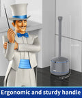 Heavy Duty Toilet Plunger With Holder Set For Quick Bathroom Cleanup next to cartoon man, ergonomic 21.1 inch handle visible