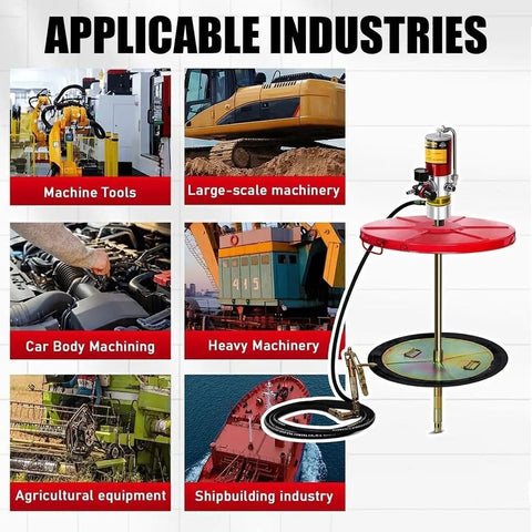 Heavy Duty Pneumatic Grease Pump With 16 Ft High Pressure Hose and Rugged Grease Gun Solid Aluminum Build for various industries.