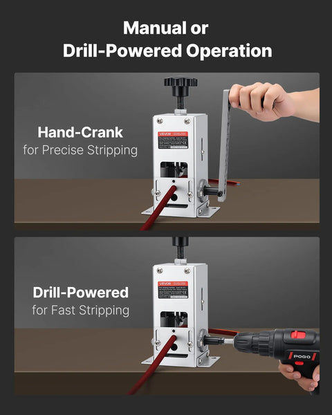 Heavy Duty Wire Stripper Machine with hand crank and drill powered modes stripping copper cable from 0.06 to 1.18 inches.