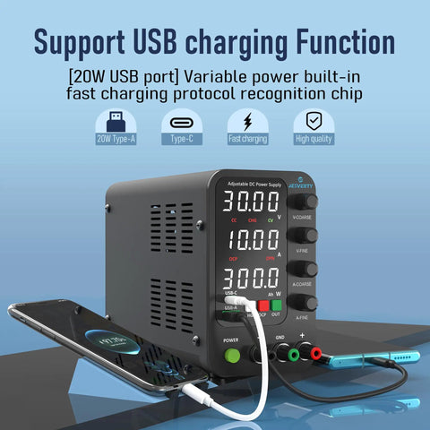 Adjustable Bench Power Supply 0 To 32V 0 To 10A with Encoder Knob, LED Display, USB and Type C quick charge ports in use