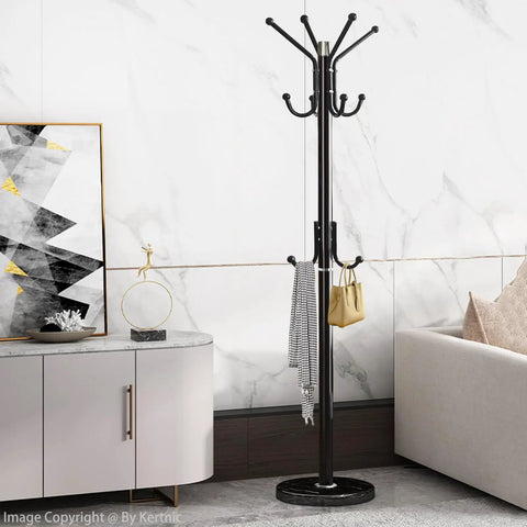 Freestanding Modern Coat Rack With Natural Marble Base And No Wobble Metal Frame 11 Hooks Hall Tree For Jackets Hats Bags