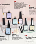 Hema Free Gel Nail Polish Set With 30 Pcs 9ml Each Soak Off Formula LED Compatible, base and top coat bottles displayed.