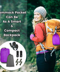Woman hiking with All In One Camping Hammock With Mosquito Net Rain Fly Tarp And Straps Storage Bag Portable Nylon Parachute Hammock