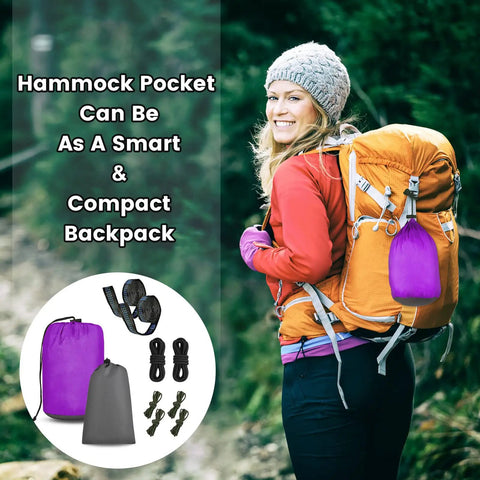 Woman hiking with All In One Camping Hammock With Mosquito Net Rain Fly Tarp And Straps Storage Bag Portable Nylon Parachute Hammock