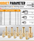 Brass Hose Barb Fittings Kit With 32 Pieces And 46 Clamps For Water Fuel And Air Lines Includes Ten Barb Sizes From Three Sixteenths Inch To One Half Inch And NPT Male Adapters Perfect DIY Auto Boat Garage Plumbing Kit. Image shows various brass fittings and clamps with size chart and description.