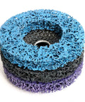 Dense Poly Strip Abrasive Disc Wheels For Paint Rust Removal Angle Grinder Six Piece Set showing blue, black, and purple layers.