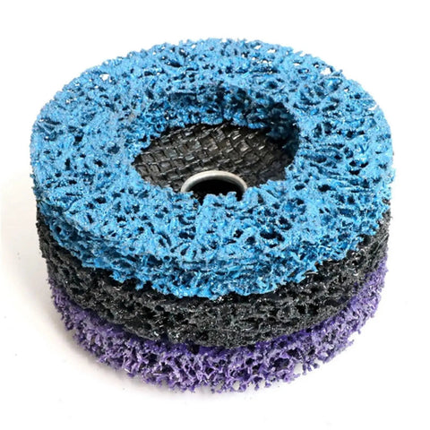 Dense Poly Strip Abrasive Disc Wheels For Paint Rust Removal Angle Grinder Six Piece Set showing blue, black, and purple layers.