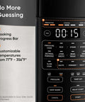 Control panel of Workhorse All In One 6 Qt Pressure Cooker with customizable temperature and cooking progress bar.